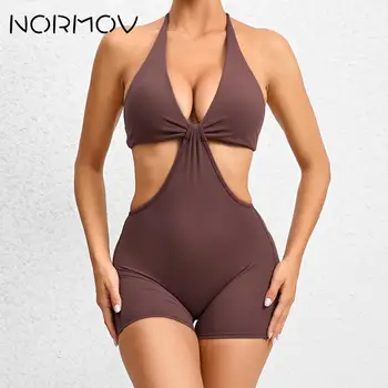 NORMOV Набор для йоги с отжиманиями, Выдолбленные женские комбинезоны с открытой спиной, Дышащие Эластичные цельные шорты для спортзала, Сексуальные женские комплекты 1