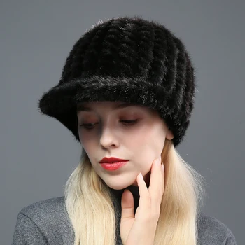 Женская шапка из натурального меха Норки Зимняя теплая кепка с козырьком Головные уборы Черный Коричневый Винный 8