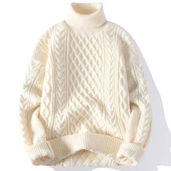 Высококачественная мужская водолазка, скрученный свитер, пуловер, однотонный вязаный свитер, повседневный свободный джемпер, осенне-зимний теплый трикотаж 9