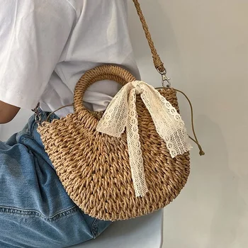 Сумка через плечо из ротанга и соломы большой емкости, летняя пляжная сумка на одном плечевом ремне для пляжного отдыха, женская сумка, дизайнерская сумка 6