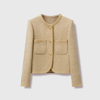 Совершенно новый 2023 Осенний Модный женский Высококачественный шерстяной жакет с круглым вырезом и карманами, твидовые куртки, пальто C551 9