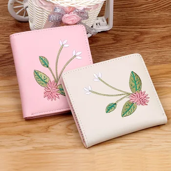 Кошельки с цветочной вышивкой, кошелек Lotus, женский Корейский клатч, короткий кошелек из искусственной кожи в этническом стиле, студенческий милый кошелек для монет, держатель для карт 1