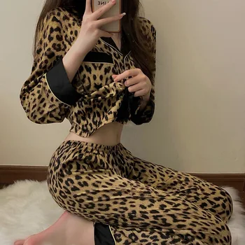 Весенне-осенний женский пижамный комплект, Пижама, сексуальная Леопардовая пижама с принтом с длинным рукавом, костюм, пижама, Свободная Атласная домашняя одежда, одежда для отдыха 4