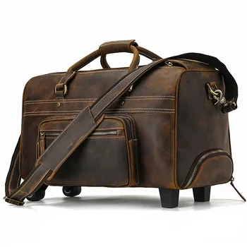 Мужская кожаная сумка-тележка большой вместимости, дорожная сумка из воловьей кожи в стиле ретро, дорожный чемодан, деловая дорожная сумка 9