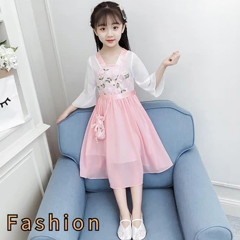 Платье для девочек Лето 2023, Детские студенческие модные платья, платье с вышивкой в китайском стиле, юбка-футболка с коротким рукавом для 12 лет 6