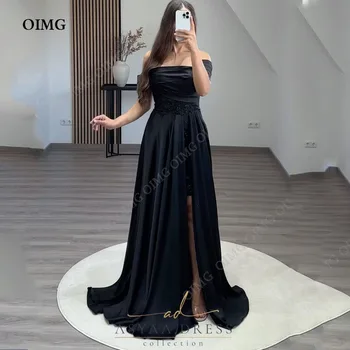OIMG, Женское черное платье трапециевидной формы на одно плечо, сексуальные вечерние платья с разрезом по ногам, модные выпускные платья в складку 7
