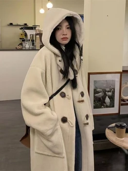Пушистая куртка, женское зимнее пальто из овечьей шерсти, женское винтажное плюшевое длинное пальто, Женская Корейская мода, верхняя одежда с капюшоном, куртки на пуговицах 4