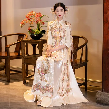 Yourqipao 2023 Китайская пара Винтажный воротник-стойка, одежда для тостов Чонсам, свадебное платье с вышивкой Дракона и Феникса 8