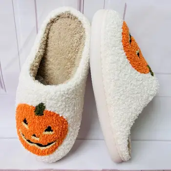 Хлопчатобумажные тапочки с тыквой на Хэллоуин, домашние туфли, женская домашняя улыбка, женская домашняя зимняя пушистая домашняя удобная женская обувь 3